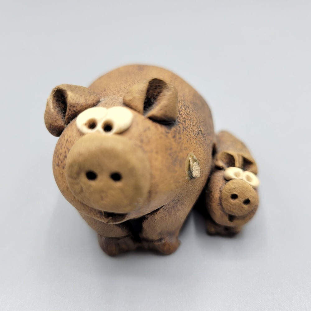 Vintage Handcrafted Clay Pig And Piglet Figurine By Clay Companions 1.5" Tall